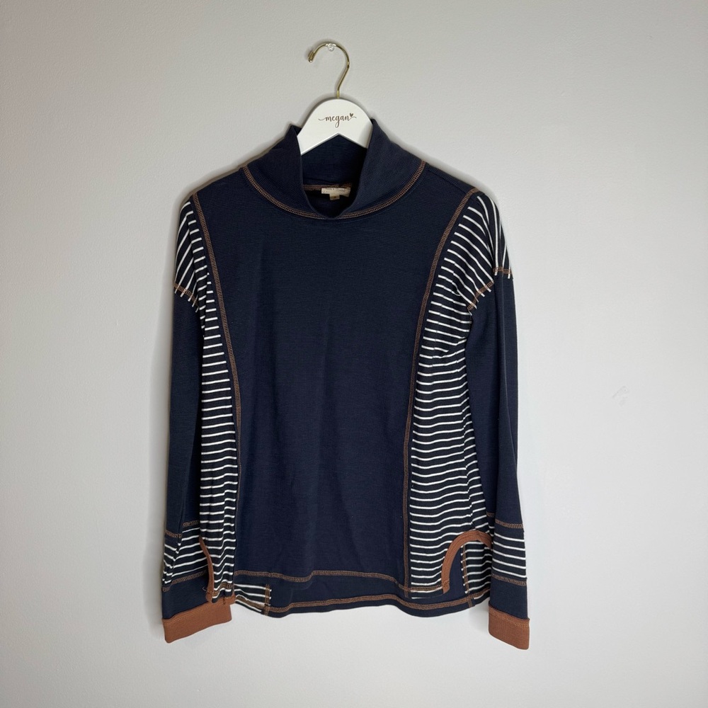 Hem & Thread | Navy and Burnt Orange Striped Women's Long Sleeve Top | Size Med - Picture 2 of 7